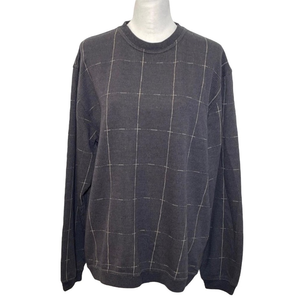 Palm Island Blue Gray Tan Crewneck Window Pane Knit Long Sleeve Men's Sweater L